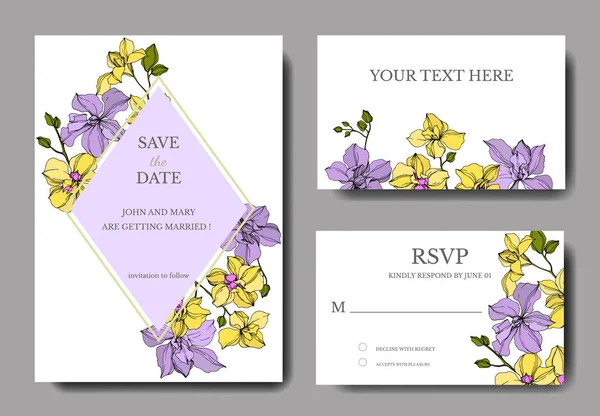 Vector Orchid flowers. Yellow and violet engraved ink art. Wedding background cards. Invitation elegant cards graphic set.