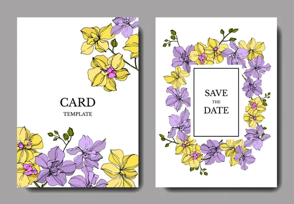 Vector Orchid flowers. Yellow and violet engraved ink art. Wedding background cards. Invitation elegant cards graphic set.