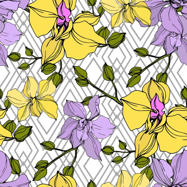 Vector Amarillo Violeta Flores Orquídea Arte Tinta Grabada Patrón Fondo — Vector de stock