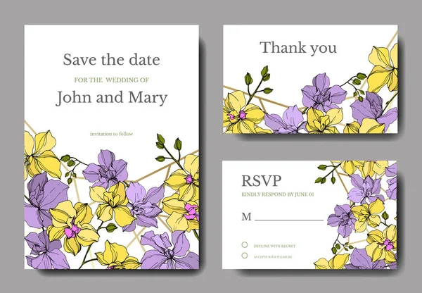 Flores Orquídea Vetorial Arte Tinta Gravada Amarela Violeta Cartões Fundo —  Vetores de Stock