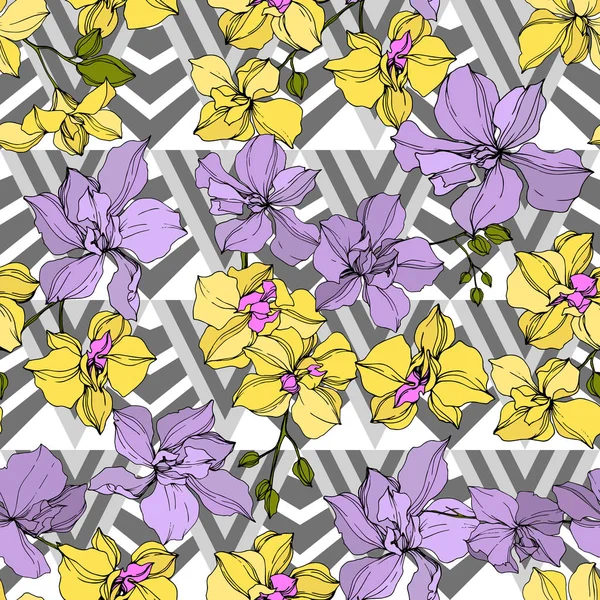 Vetor Flores Amarelas Violetas Orquídea Arte Tinta Gravada Padrão Fundo — Vetor de Stock