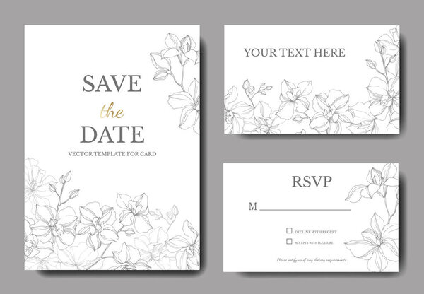 Vector Orchid flowers. Yellow and violet engraved ink art. Wedding background cards. Invitation elegant cards graphic set.