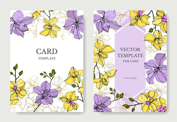 Vector Orchid flowers. Yellow and violet engraved ink art. Wedding background cards. Invitation elegant cards graphic set.