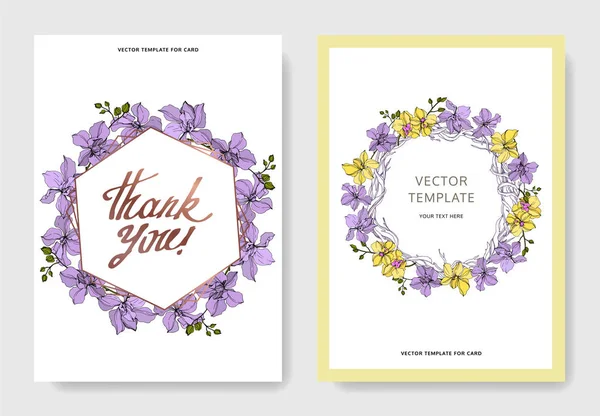 Vector Orchid flowers. Yellow and violet engraved ink art. Wedding background cards. Invitation elegant cards graphic set.