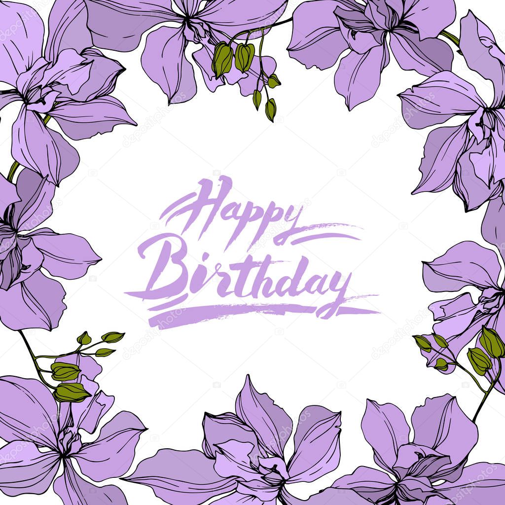 Vector wreath of orchid flowers isolated on white with happy birthday lettering