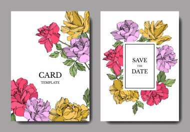 Vektör Güller çiçekler. Oyulmuş mürekkep sanatı. Düğün arka plan kartları. Zarif kartlar illüstrasyon grafik seti.