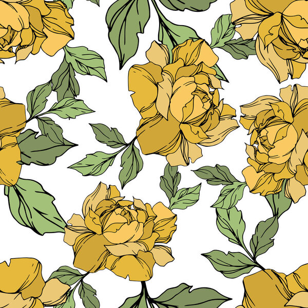 Yellow, red and violet vector roses with green leaves. Engraved ink art. Seamless background pattern. 