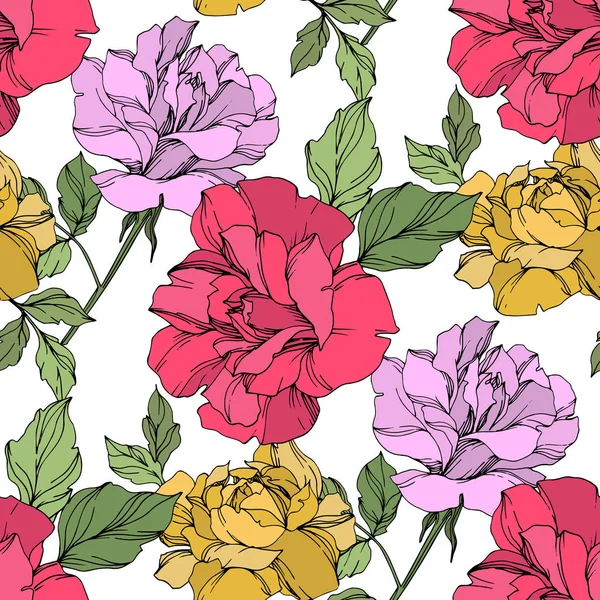 Roses Vectorielles Jaunes Rouges Violettes Aux Feuilles Vertes Encre Gravée — Image vectorielle