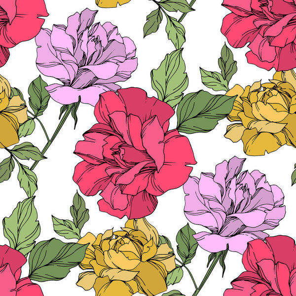 Yellow, red and violet vector roses with green leaves. Engraved ink art. Seamless background pattern. 