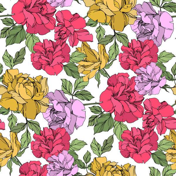 Yellow, red and violet vector roses with green leaves. Engraved ink art. Seamless background pattern. 