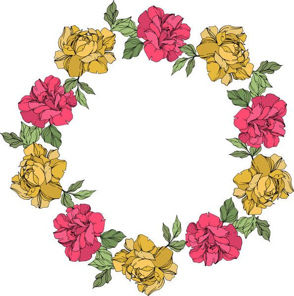 Vector wreath of roses with leaves isolated on white with copy space. Engraved ink art. Frame border ornament.