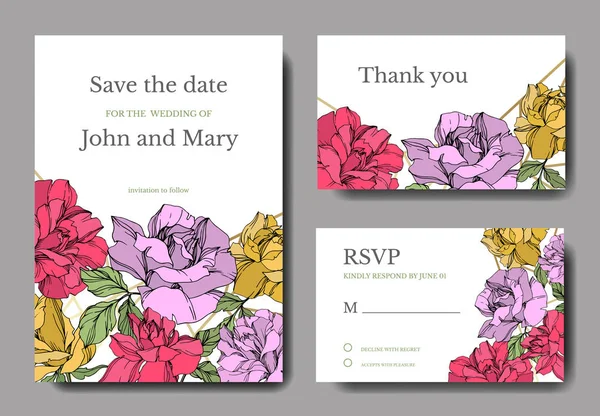 Flores Rosas Vectoriales Arte Tinta Grabada Tarjetas Fondo Boda Conjunto — Vector de stock