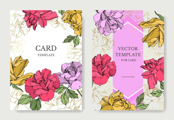 Flores Rosas Vectoriales Arte Tinta Grabada Tarjetas Fondo Boda Conjunto — Vector de stock