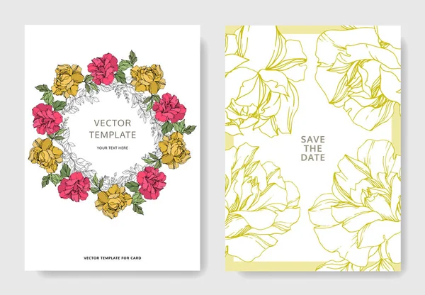 Flores Rosas Vectoriales Arte Tinta Grabada Tarjetas Fondo Boda Conjunto — Vector de stock