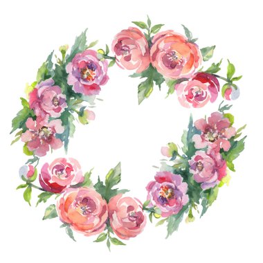 Yeşil yaprakları beyaz izole ile şakayık. Suluboya arka plan illüstrasyon seti. Kopyalama alanı ile çerçeve süsü.