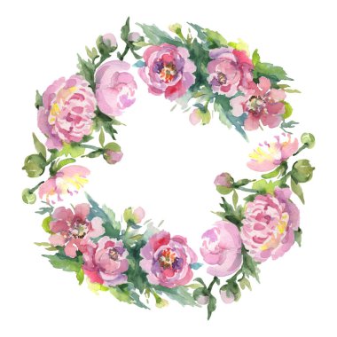 Yeşil yaprakları beyaz izole ile şakayık. Suluboya arka plan illüstrasyon seti. Kopyalama alanı ile çerçeve süsü.