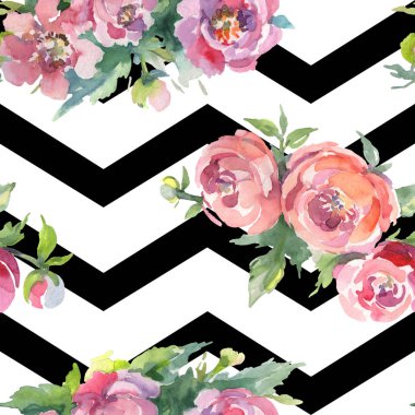 Beyaz arka planda yeşil yaprakları olan şakayıklar. Suluboya illüstrasyon seti. Kesintisiz arka plan deseni.