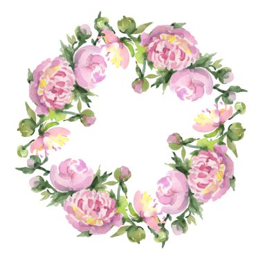 Yeşil yaprakları beyaz izole ile şakayık. Suluboya arka plan illüstrasyon seti. Kopyalama alanı ile çerçeve süsü.