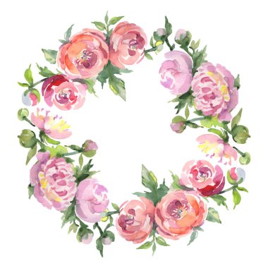 Yeşil yaprakları beyaz izole ile şakayık. Suluboya arka plan illüstrasyon seti. Kopyalama alanı ile çerçeve süsü.