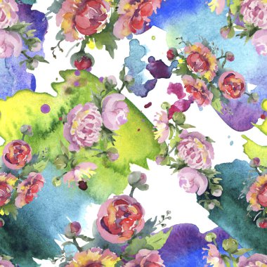 Beyaz arka planda yeşil yaprakları olan şakayıklar. Suluboya illüstrasyon seti. Kesintisiz arka plan deseni.