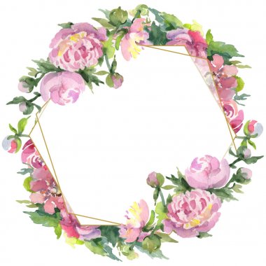 Yeşil yaprakları beyaz izole ile şakayık. Suluboya arka plan illüstrasyon seti. Kopyalama alanı ile çerçeve süsü.