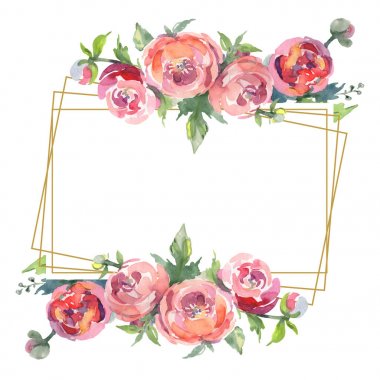 Yeşil yaprakları beyaz izole ile şakayık. Suluboya arka plan illüstrasyon seti. Kopyalama alanı ile çerçeve süsü.