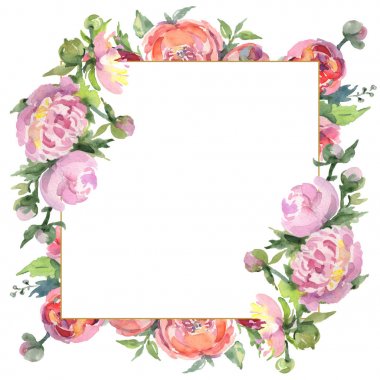 Yeşil yaprakları beyaz izole ile şakayık. Suluboya arka plan illüstrasyon seti. Kopyalama alanı ile çerçeve süsü.