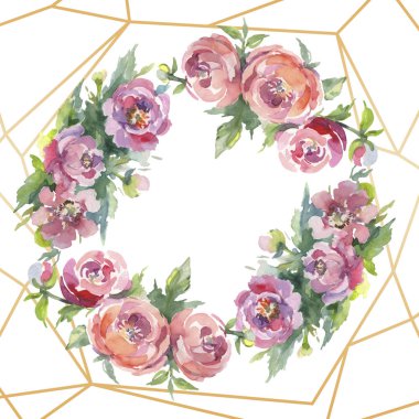 Yeşil yaprakları beyaz izole ile şakayık. Suluboya arka plan illüstrasyon seti. Kopyalama alanı ile çerçeve süsü.