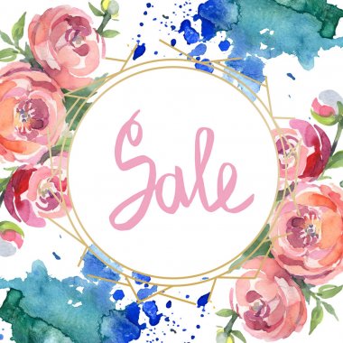 Yeşil yaprakları beyaz izole ile şakayık. Suluboya arka plan illüstrasyon seti. Satış yazısı ile çerçeve süs.