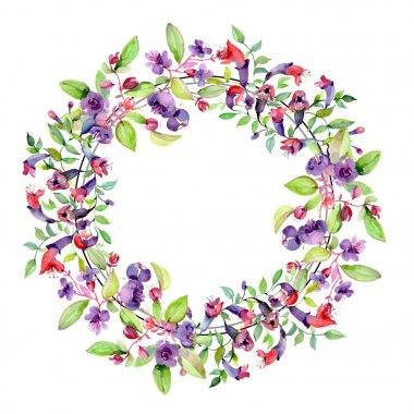 Yeşil yaprakları beyaz izole çiçekler. Suluboya arka plan illüstrasyon öğeleri. Kopyalama alanı ile çerçeve.