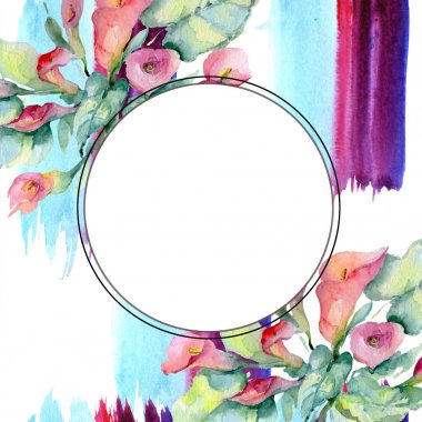 Yeşil yaprakları beyaz izole çiçekler. Suluboya arka plan illüstrasyon öğeleri. Kopyalama alanı ile çerçeve.