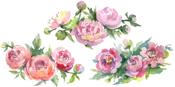 Bouquets Peonies Green Leaves Isolated White Watercolor Background Illustration Set — Stock Photo, Image