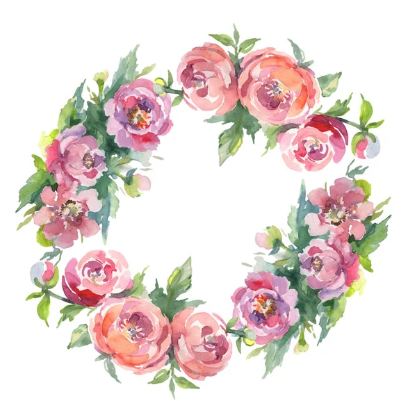 Yeşil yaprakları beyaz izole ile şakayık. Suluboya arka plan illüstrasyon seti. Kopyalama alanı ile çerçeve süsü.