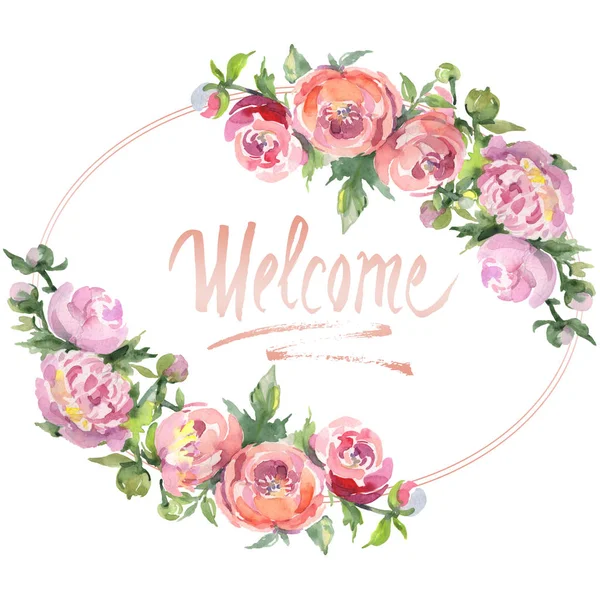 Yeşil yaprakları beyaz izole ile şakayık. Suluboya arka plan illüstrasyon seti. Hoş geldin yazısı ile çerçeve süs.