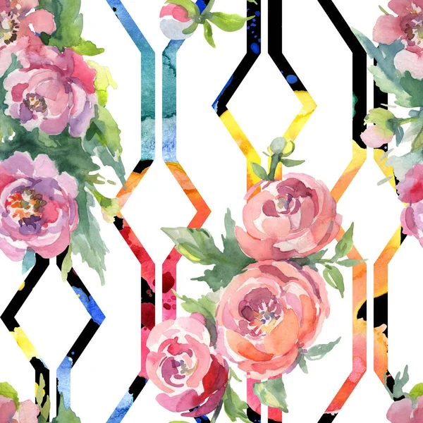 Beyaz arka planda yeşil yaprakları olan şakayıklar. Suluboya illüstrasyon seti. Kesintisiz arka plan deseni.