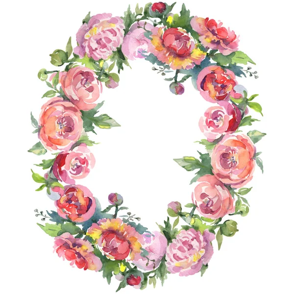 Yeşil yaprakları beyaz izole ile şakayık. Suluboya arka plan illüstrasyon seti. Kopyalama alanı ile çerçeve süsü.