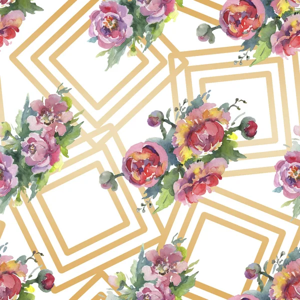 Beyaz arka planda yeşil yaprakları olan şakayıklar. Suluboya illüstrasyon seti. Kesintisiz arka plan deseni.