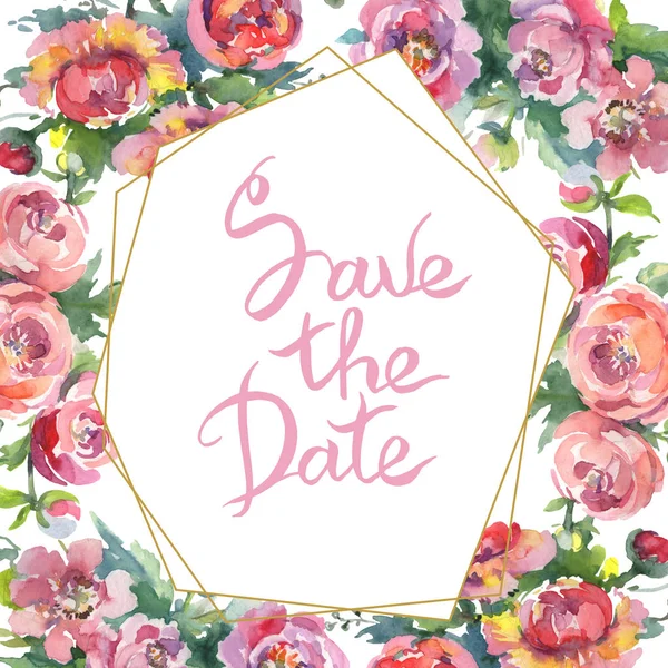 Yeşil yaprakları beyaz izole ile şakayık. Suluboya arka plan illüstrasyon seti. Tarih yazısını kaydet çerçeve süsü.