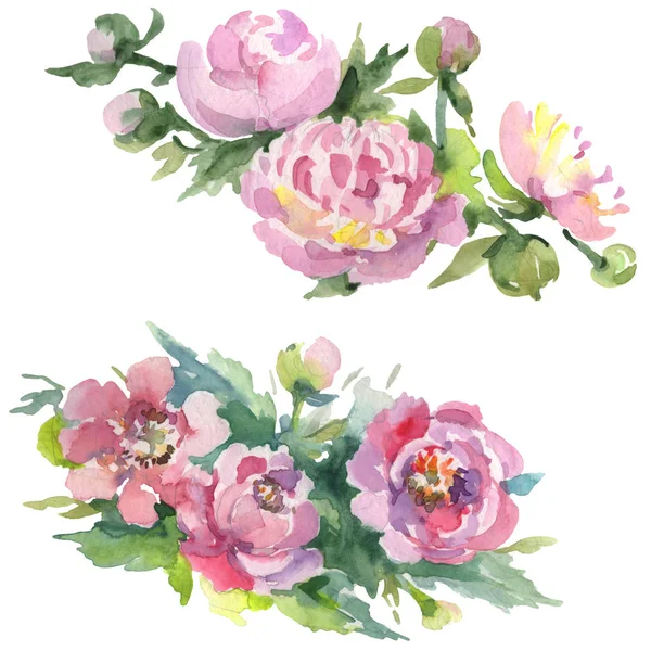 Bouquets Peonies Green Leaves Isolated White Watercolor Background Illustration Set — Stock Photo, Image