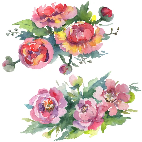 Bouquets of peonies with green leaves isolated on white. Watercolor background illustration set.