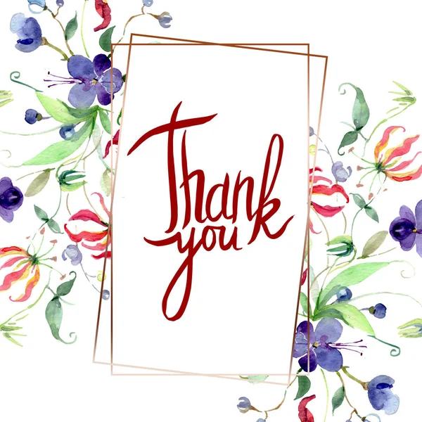 Yeşil yapraklı kır çiçekleri beyazın üzerinde. Suluboya arkaplan resimleme elementleri. Teşekkür mektubuyla çerçevele..