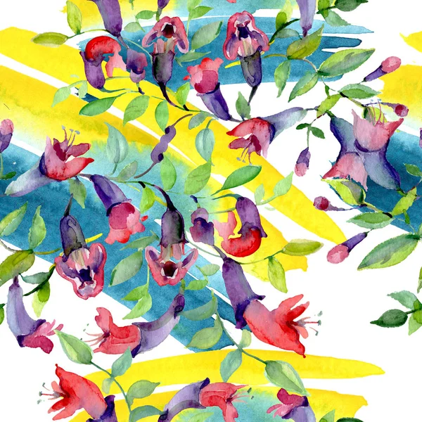 Yeşil yapraklı kır çiçekleri. Suluboya arkaplan çizimi. Kusursuz arkaplan deseni.