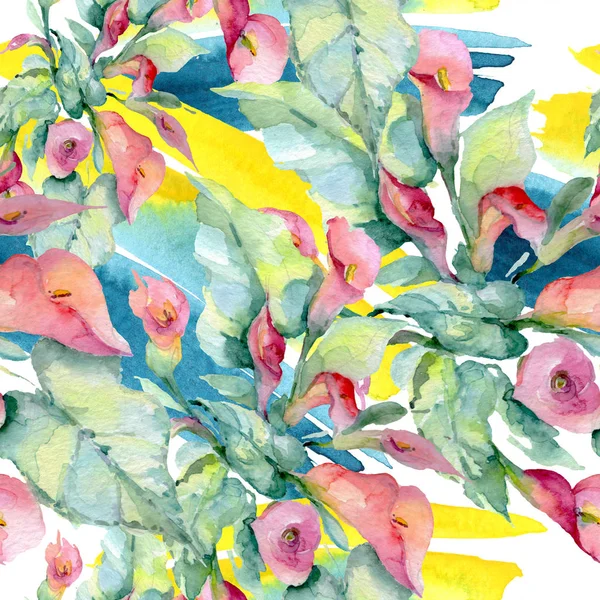 Wildblumen Mit Grünen Blättern Aquarell Hintergrundillustration Set Nahtloses Hintergrundmuster — Stockfoto
