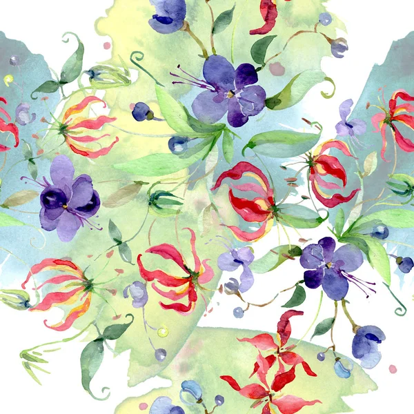 Vadvirágok Zöld Levelekkel Akvarell Háttér Illusztráció Készlet Zökkenőmentes Háttér Minta — Stock Fotó