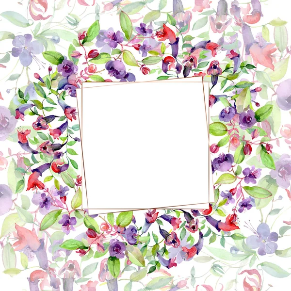Kwiaty Zielonymi Listwami Wyizolowanymi Biało Akwarelowe Elementy Ilustracji Tła Ramka — Zdjęcie stockowe