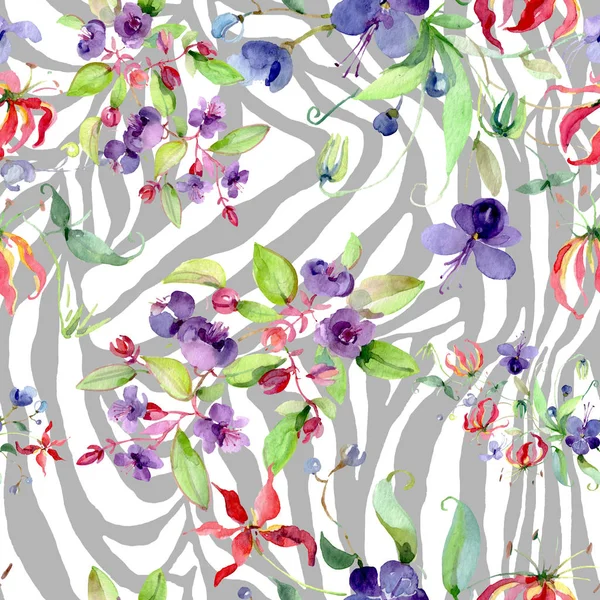 Άγρια Λουλούδια Πράσινα Φύλλα Ακουαρέλα Σύνολο Εικονογράφησης Φόντου Χωρίς Ραφή — Φωτογραφία Αρχείου