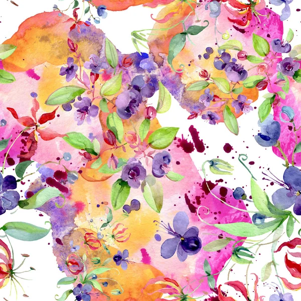 Divoké Květiny Zelenými Listy Ilustrace Pozadí Akvarelu Bezproblémové Pozadí Vzor — Stock fotografie