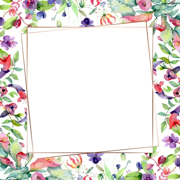 Kwiaty Zielonymi Listwami Wyizolowanymi Biało Akwarelowe Elementy Ilustracji Tła Ramka — Zdjęcie stockowe