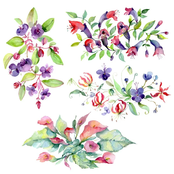 Buketter Blommor Med Gröna Blad Isolerade Vitt Akvarell Bakgrund Illustration — Stockfoto