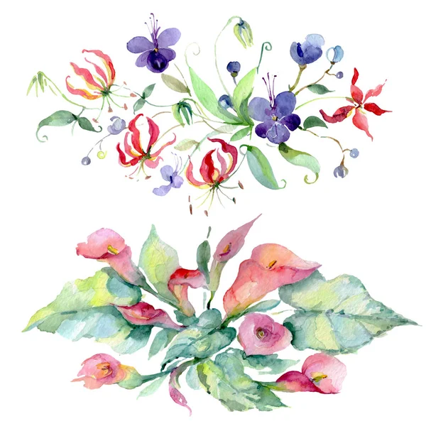 Buketter Blommor Med Gröna Blad Isolerade Vitt Akvarell Bakgrund Illustration — Stockfoto